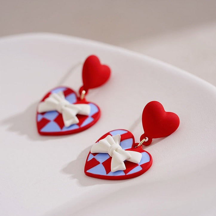 Red Love Bow Earrings Sweet And Gentle Unique Design