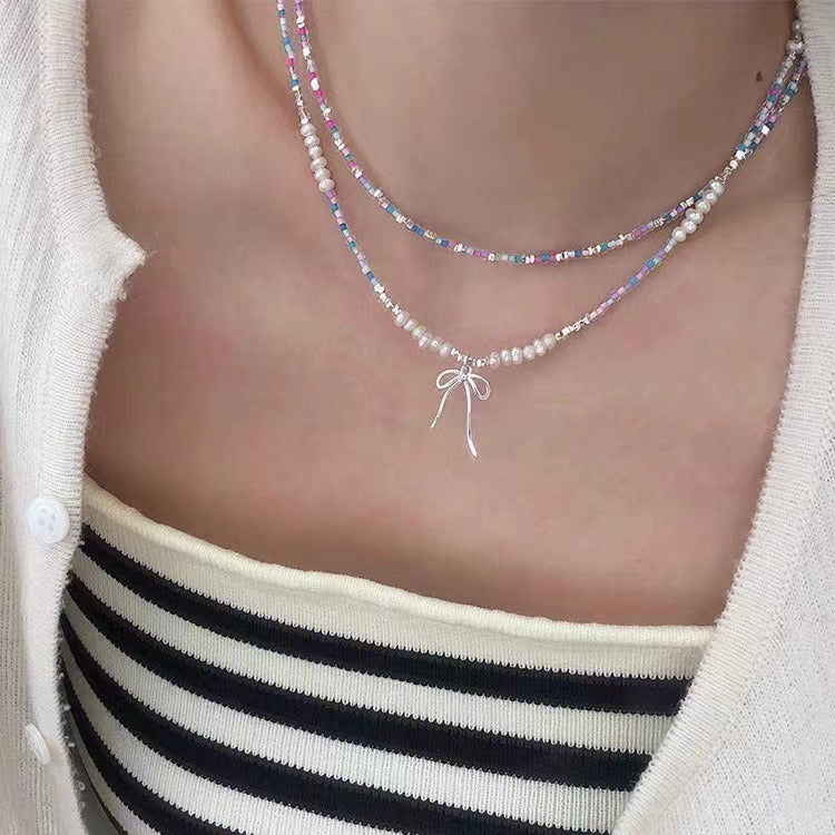 Pearl Crystal Bow Necklace For Women