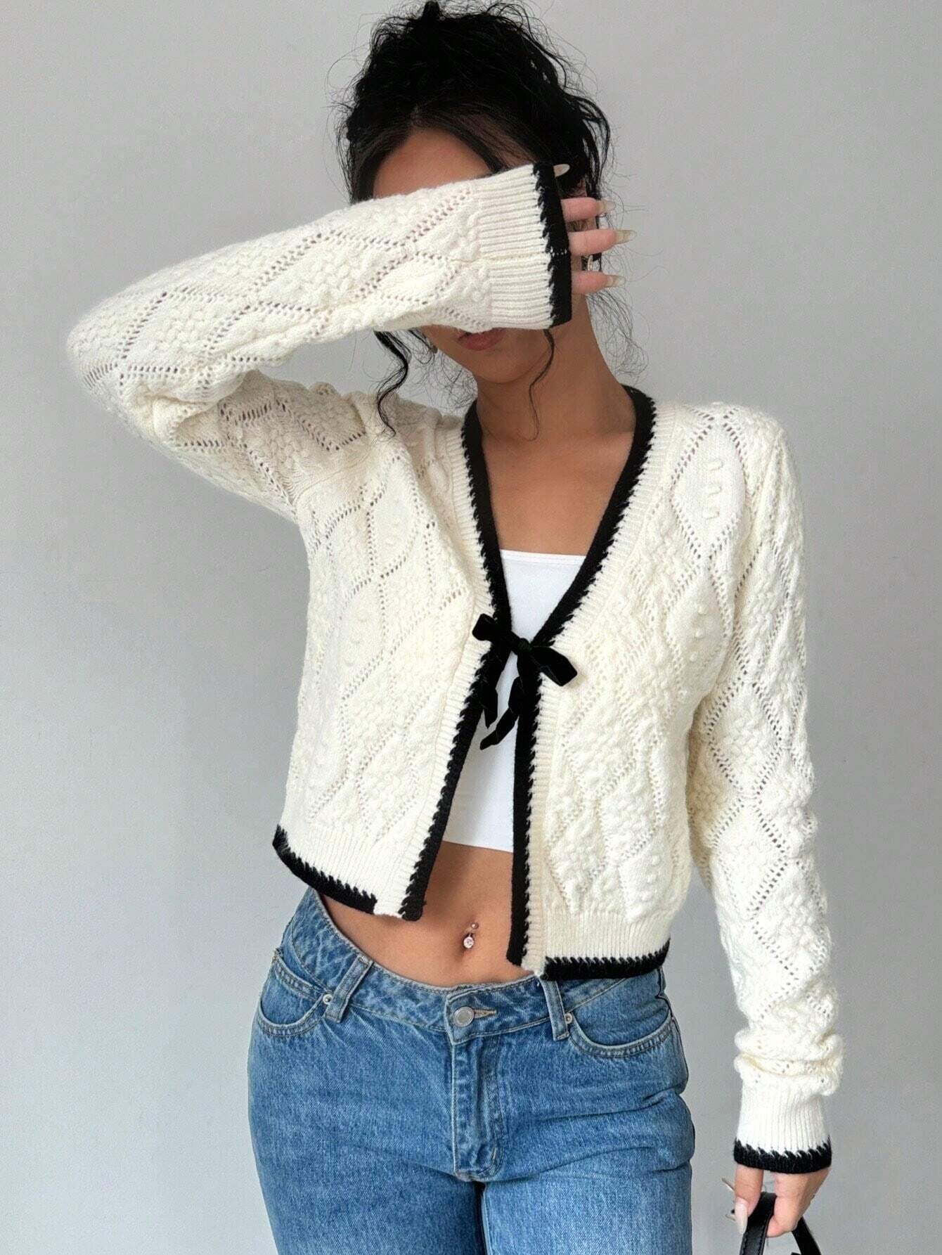 Casual V-neck Bow Tie Knitted Jacket