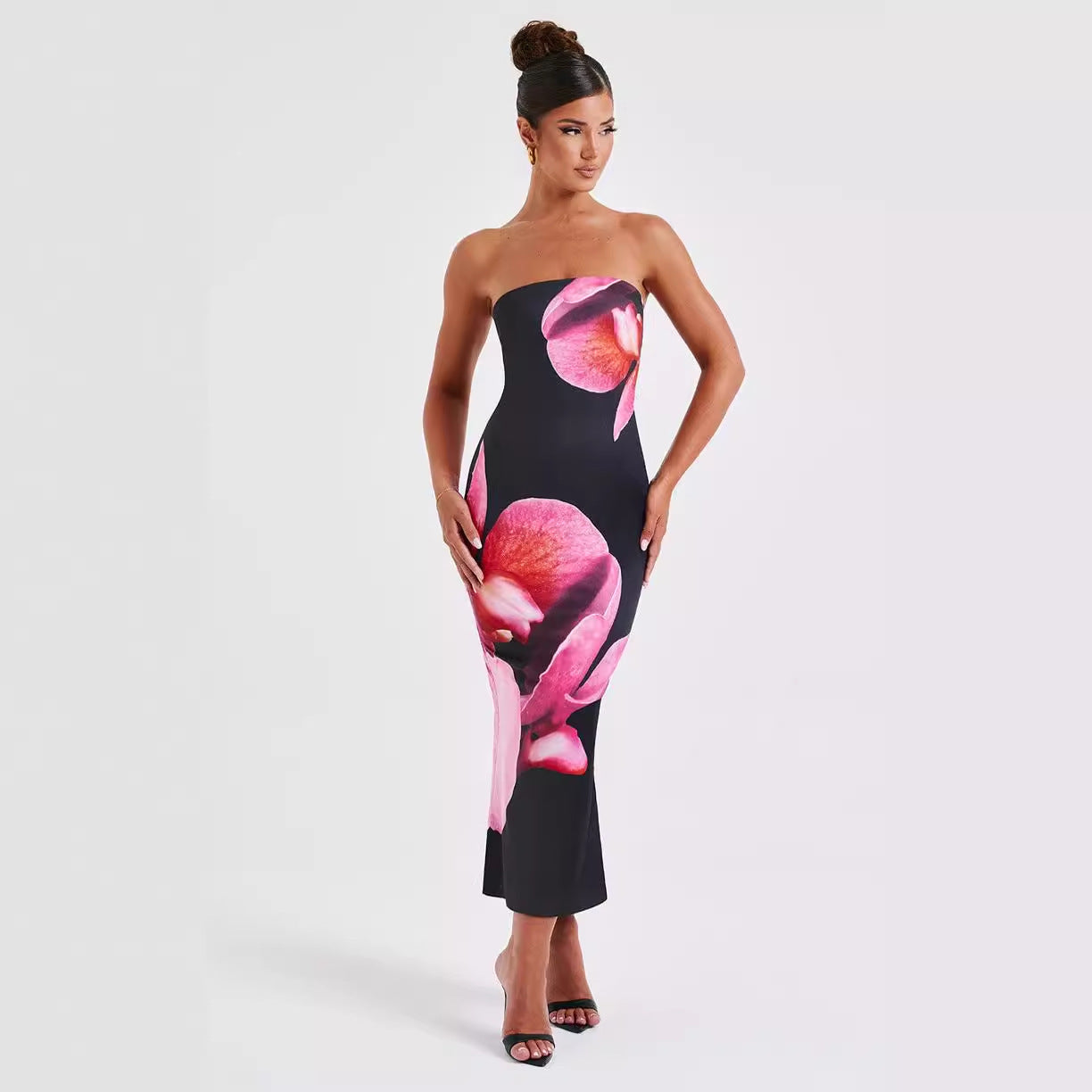 Printed Intellectual Temperament Drape Long Tube Top Sheath Dress