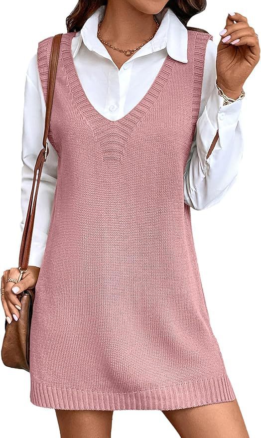 Women V-neck A Long Sweater Vest Dress Fashion Rib Knitted Side Slit