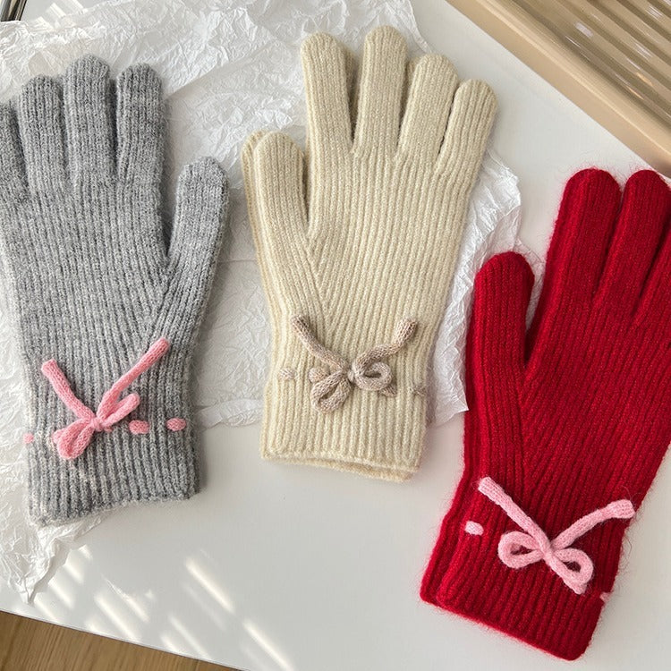 Winter New Bow Pure Color Warm Keeping Finger Gloves