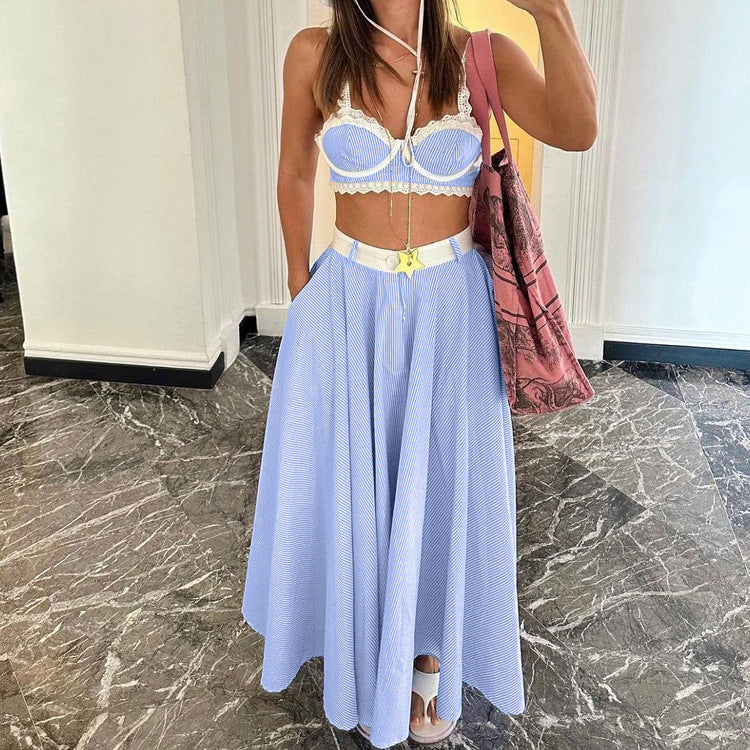 Lace Blue Print Sets Spaghetti Strap Lace Bra And High Waisted Loose Pleated Skirts Sets