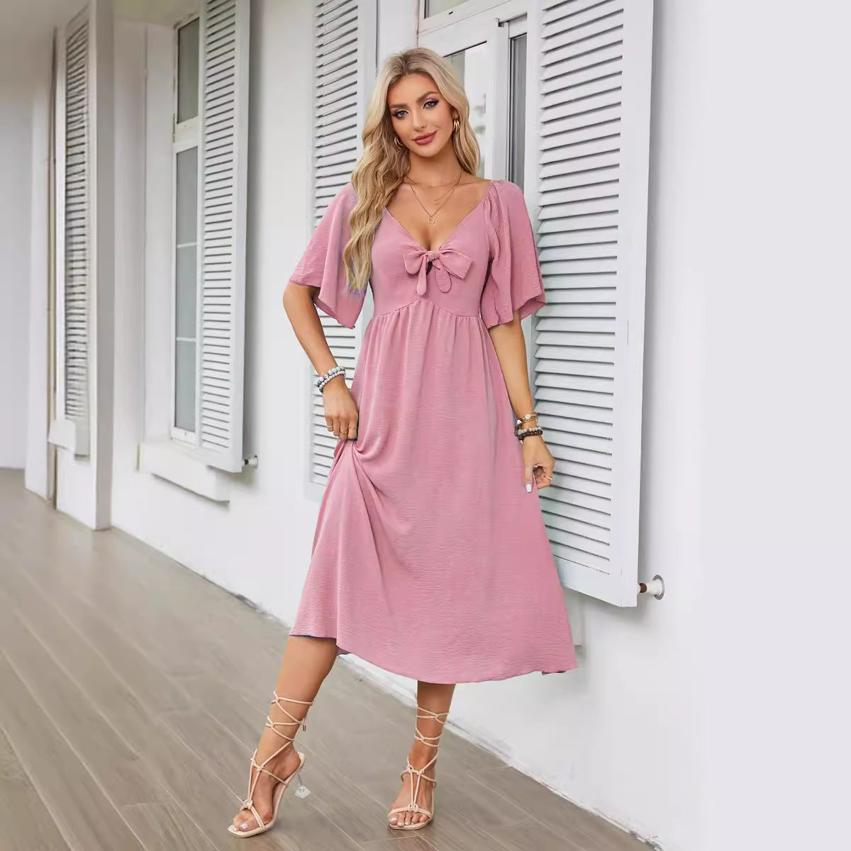 Women's Clothing Spring And Summer Bow V-neck Pleated Mid-length Short Sleeve Dress