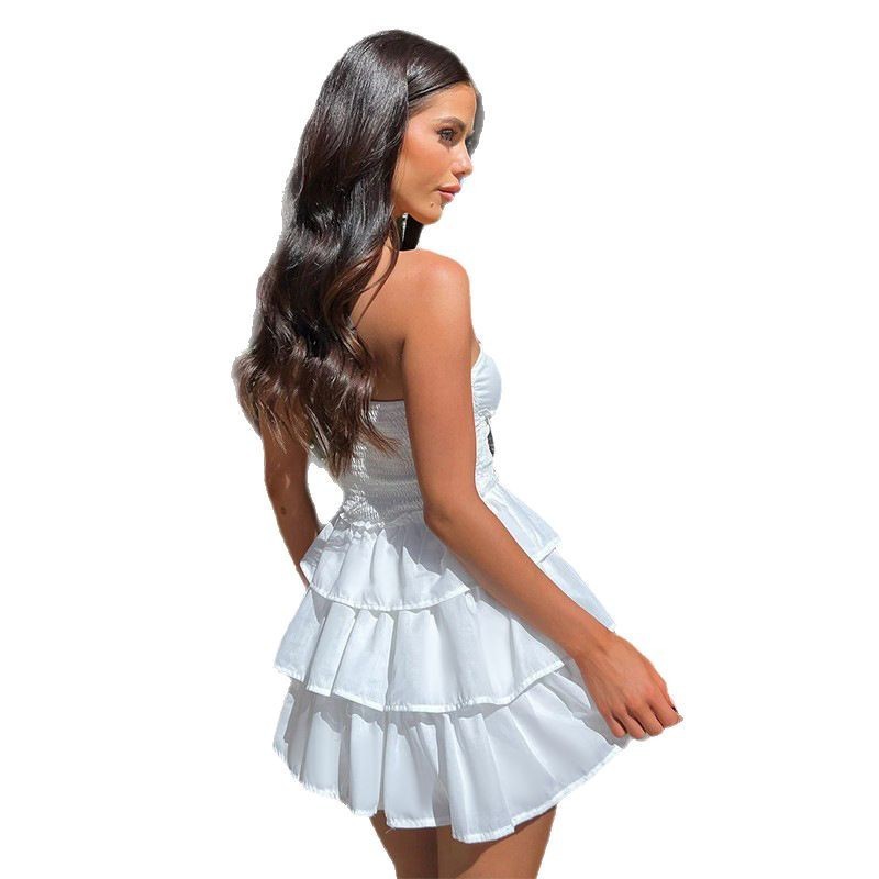 Tube Top Hollow-out Cinched White Cake Dress Female Dress