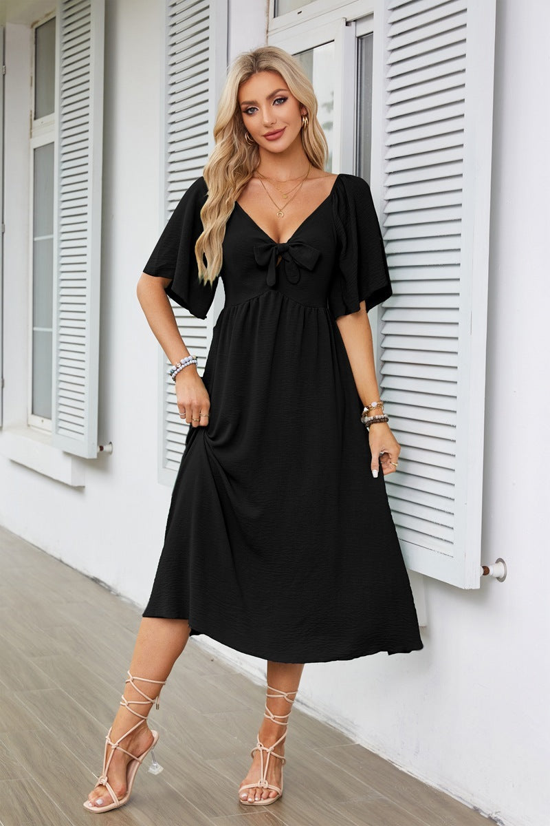 Women's Clothing Spring And Summer Bow V-neck Pleated Mid-length Short Sleeve Dress