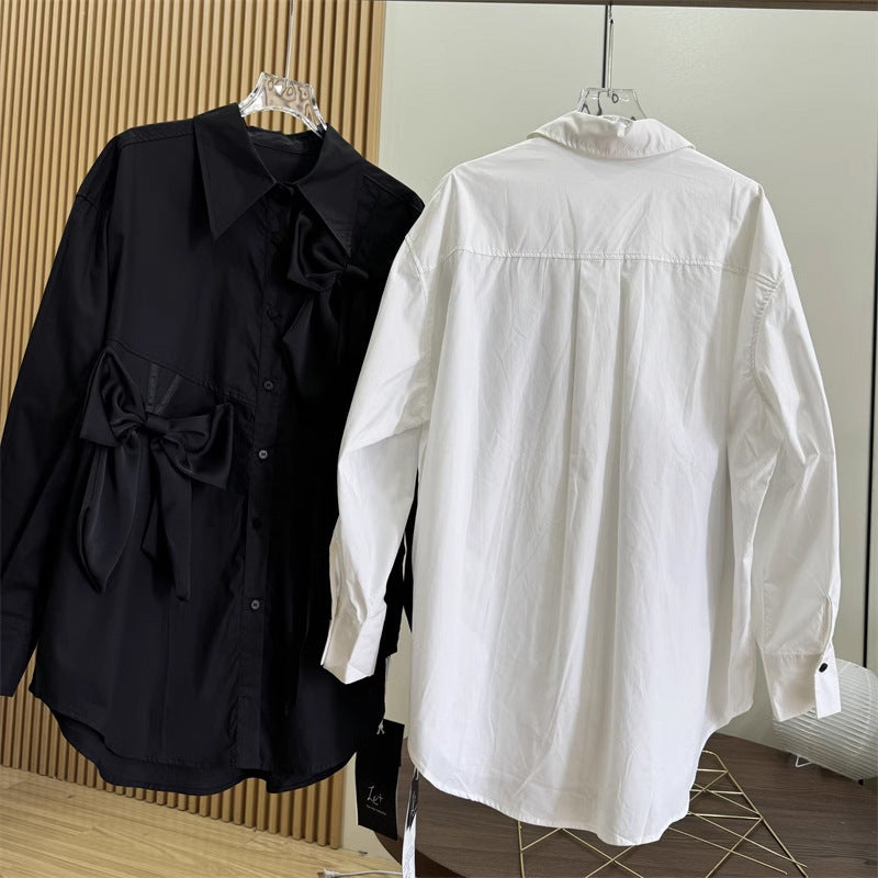 French Style Three-dimensional Bow Long Sleeve Shirt