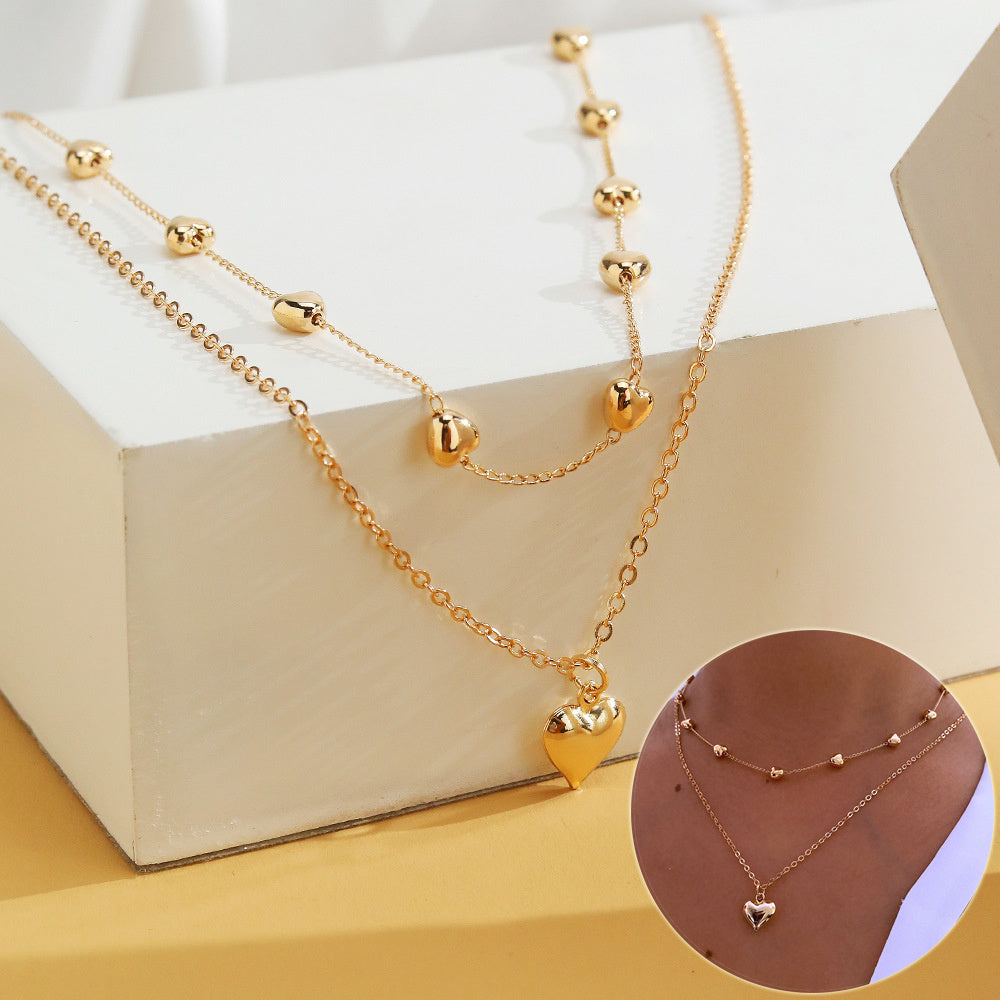 Double-layer Heart Pendant Fine Chain Necklace For Women Multilayer Gold Color Metal Necklaces