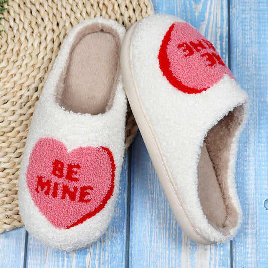 Women's Love Heart Cotton Slippers – Non-Slip Plush Indoor Slides