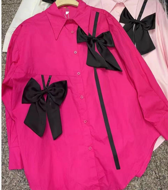 French Style Three-dimensional Bow Long Sleeve Shirt