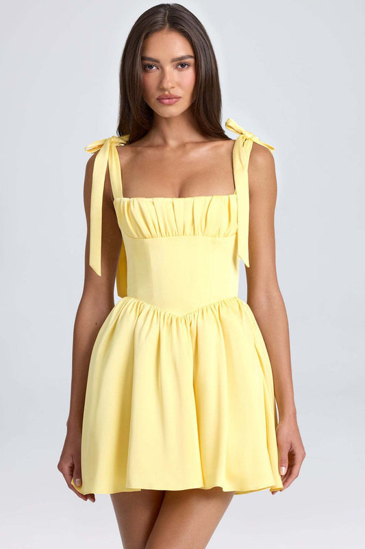 Bow-tied Strap Dress Summer Fashion Backless Square Collar High Waist Short Dress