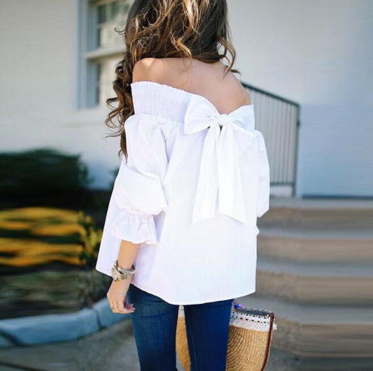 Off Shoulder Strapless Women Blouse - Bowknot Slash Neck