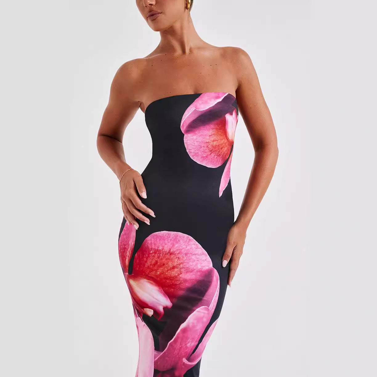 Printed Intellectual Temperament Drape Long Tube Top Sheath Dress