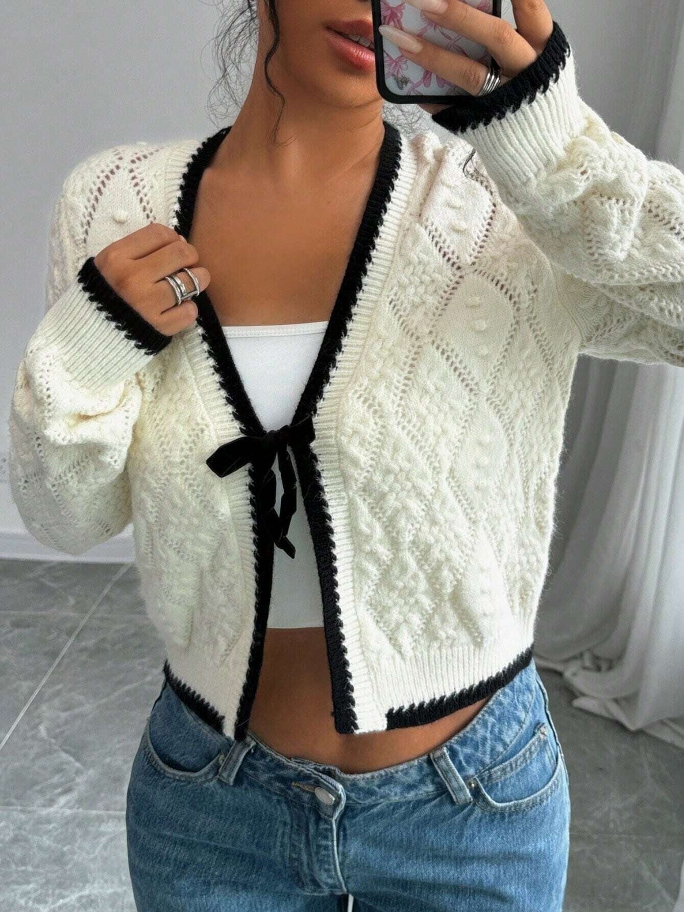 Casual V-neck Bow Tie Knitted Jacket