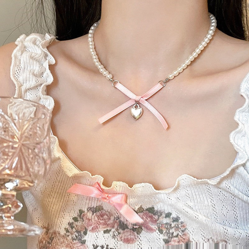 Romantic Love Heart-shaped Bow Tie Pearl Necklace For Women Sweet Clavicle Chain