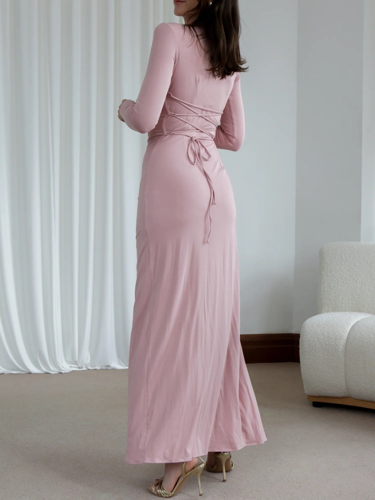 Slim-fitting Long-sleeved Asymmetric Split Dress Ins Fashion Solid Color Long Dresses For Women