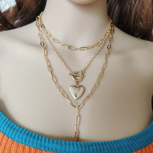 Vintage Open Peach Heart OT Buckle Tassel Chain Necklace