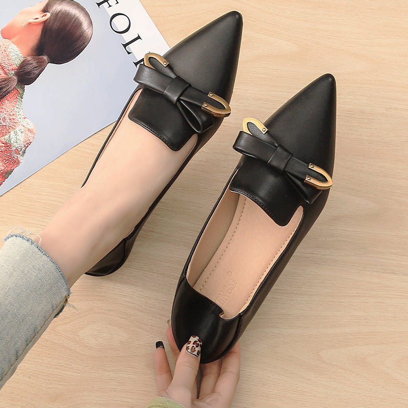 New Style Shoes Pointed Toe Flat Sole Shoes Women Retro Bow One-Legged Small Leather Shoes