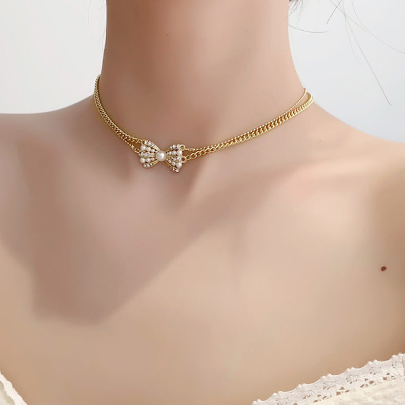 Double-layer Pearl Glittering Diamond Bow Necklace Women