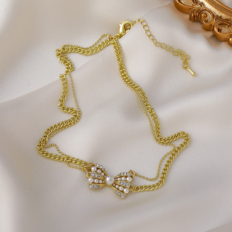 Double-layer Pearl Glittering Diamond Bow Necklace Women