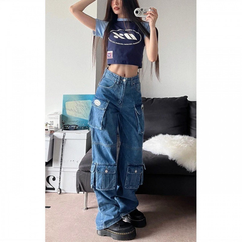 Retro Multi Pocket Overalls Jeans For Women