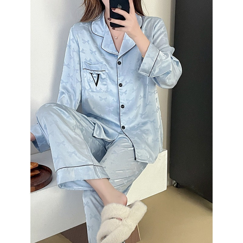 Ladies Bow Jacquard Embroidery Sweet Ice Silk Pajamas