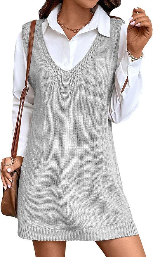 Women V-neck A Long Sweater Vest Dress Fashion Rib Knitted Side Slit