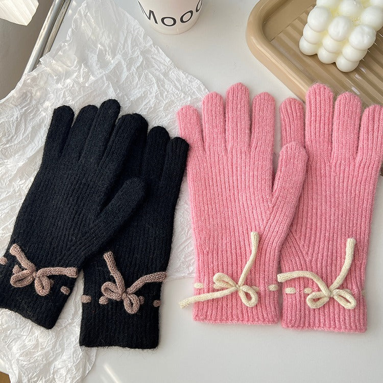 Winter New Bow Pure Color Warm Keeping Finger Gloves