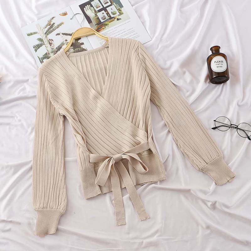 Women V-Neck Waist Belt Bow Knit Pullover Sweater Top