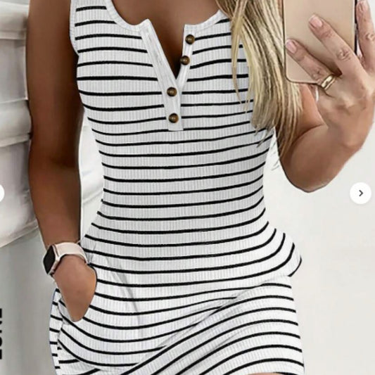 Round Neck Keyhole Button Pockets Striped Fitted Knit Tank Dress