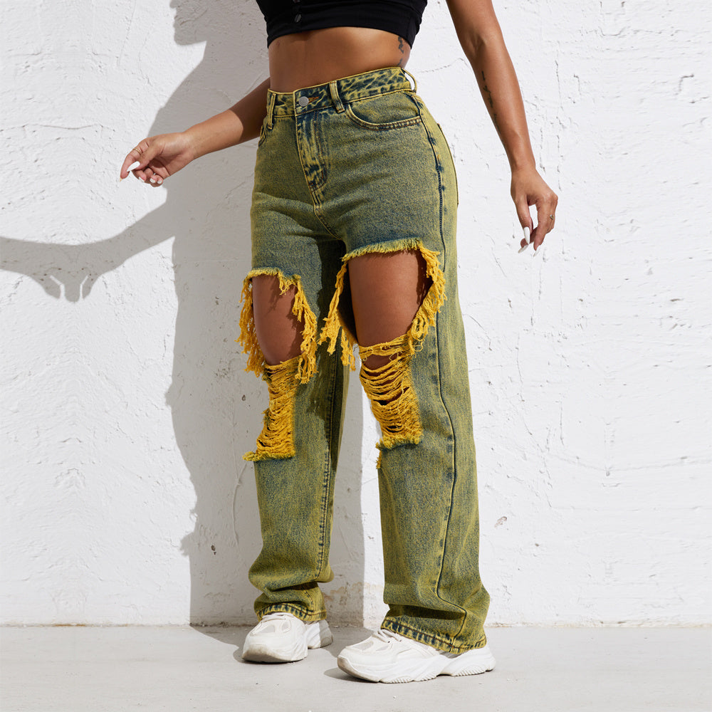 Yellow Wash Streetwear Split Loose Straight Jeans Y2K Ripped Retro Women Denim Pants