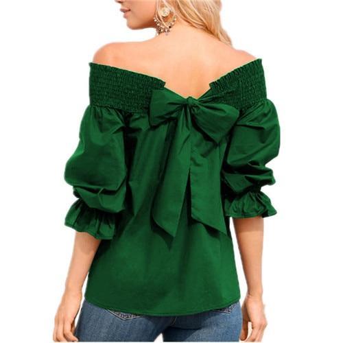 Off Shoulder Strapless Women Blouse - Bowknot Slash Neck