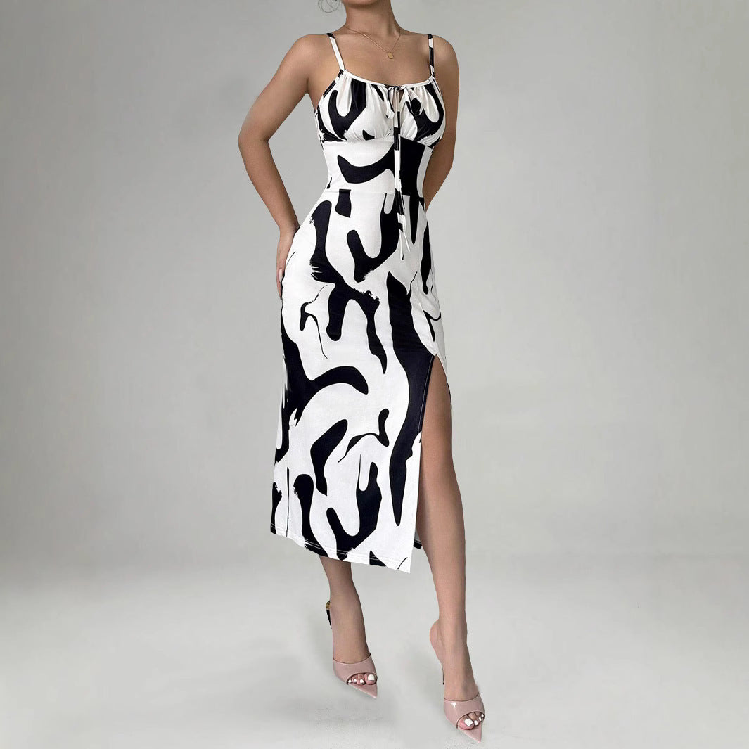 Random Printed Thigh Slit Sling Dress