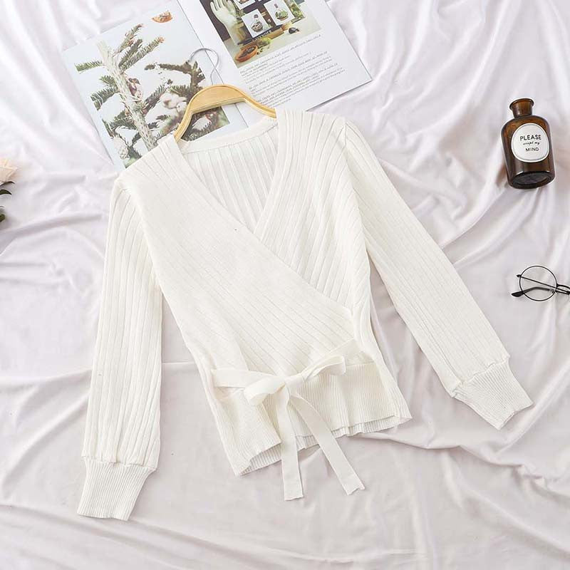 Women V-Neck Waist Belt Bow Knit Pullover Sweater Top