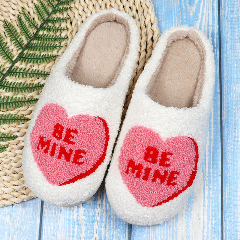 Women's Love Heart Cotton Slippers – Non-Slip Plush Indoor Slides