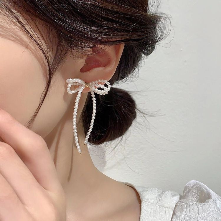 Tassel Stud Earrings Pearl Bow Earrings For Women