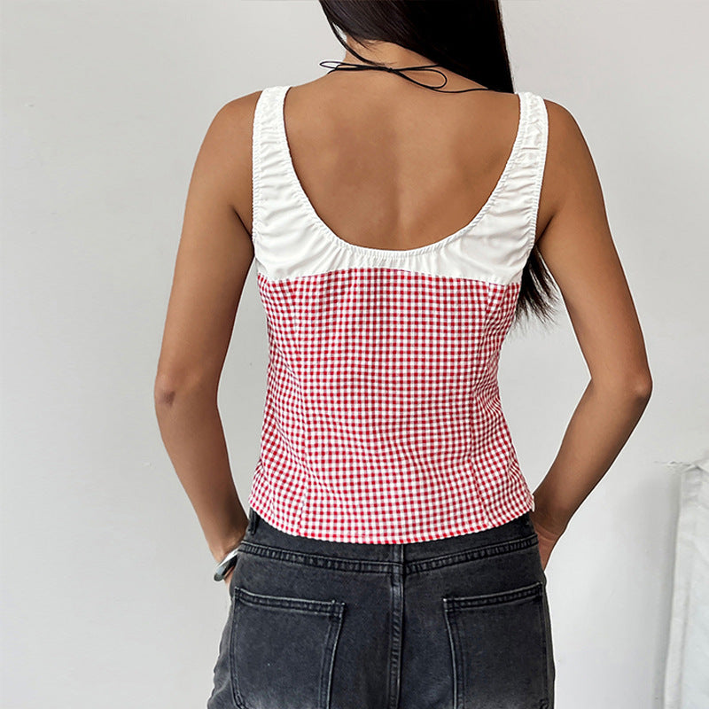 Lace Plaid Stitching Top