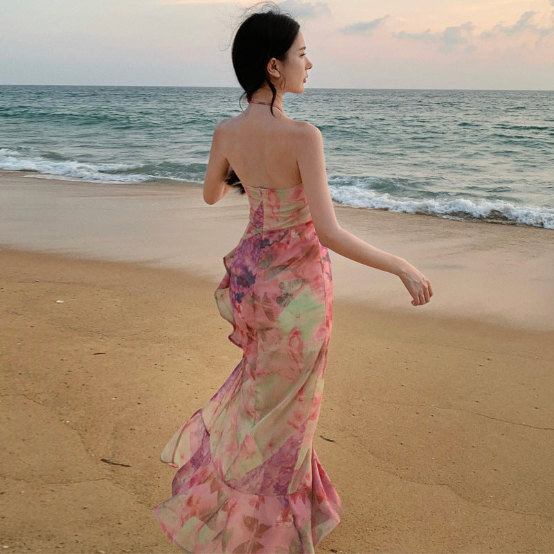 Seaside Holiday Dress Backless Halter Floral