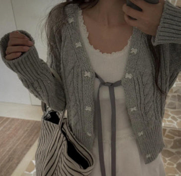 V-neck Lace Up Bow Twist Knitted Cardigan Top