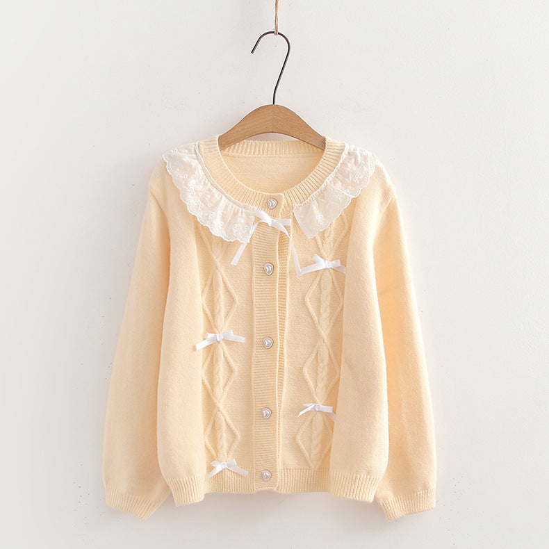 Women Bow Lace Trim Patchwork Sweater Top