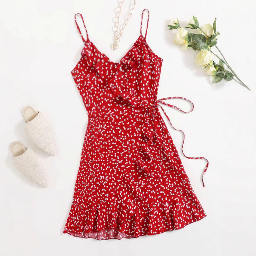 Lace-up Pleated Ruffles Small Floral Dress