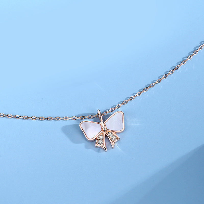 Women S925 Sterling Silver Bow White Shell Necklace