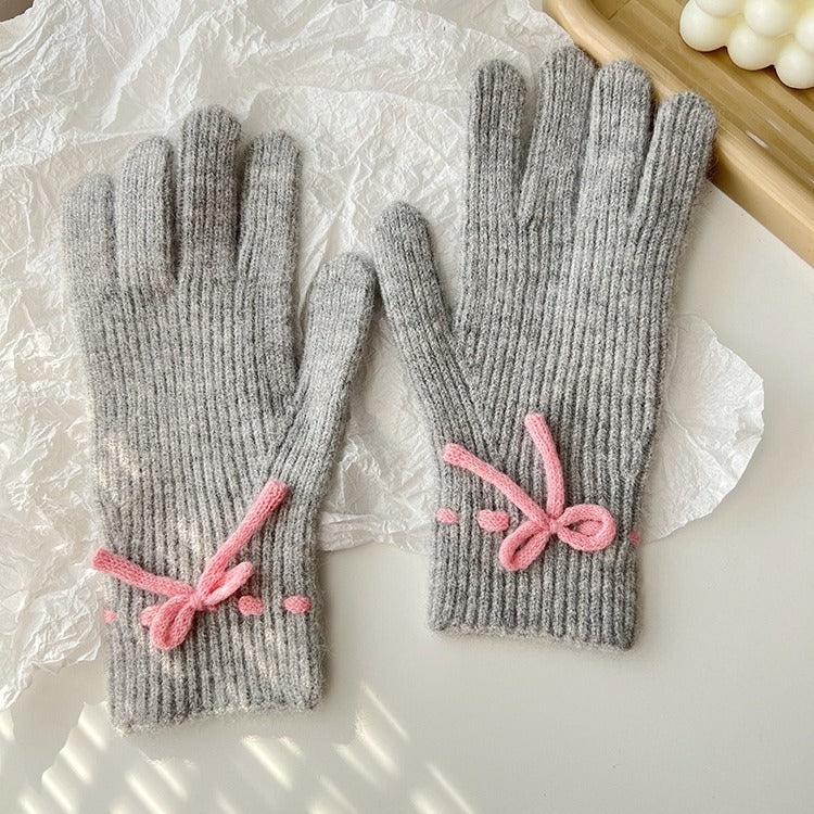 Winter New Bow Pure Color Warm Keeping Finger Gloves