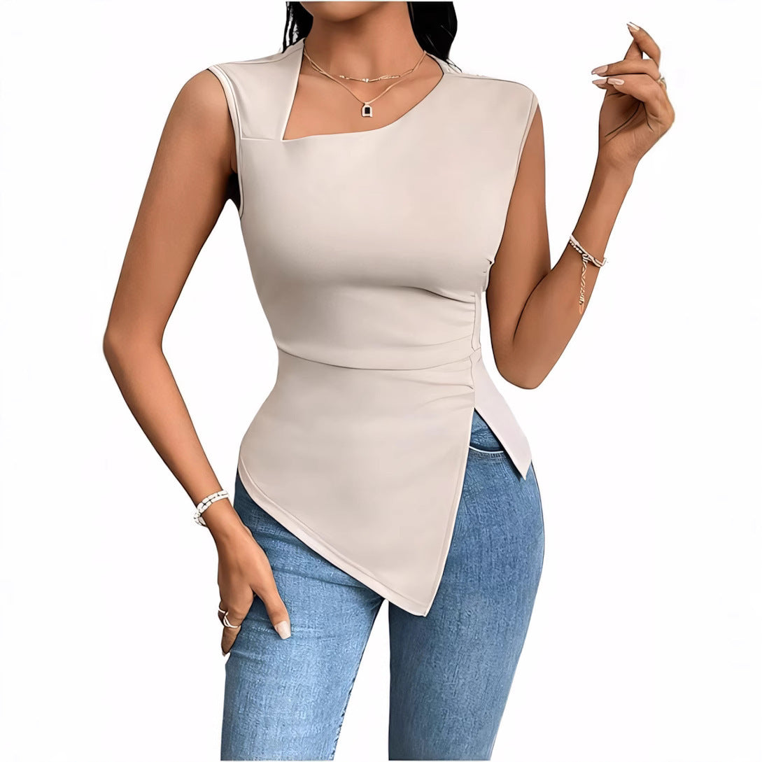 Irregular Women's T-shirt Diagonal Collar Sleeveless