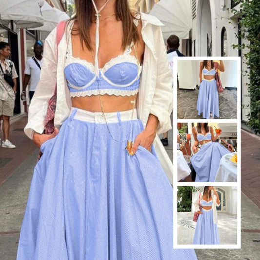 Lace Blue Print Sets Spaghetti Strap Lace Bra And High Waisted Loose Pleated Skirts Sets