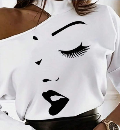 Women's White Long Sleeve T-Shirt - With Cartoon Line Pattern & Open Shoulder Design Graphic Tees