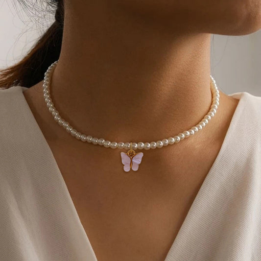 Elegant White Pearl Choker Necklace Small Round Pearl Butterfly Necklace