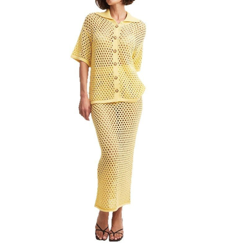 Hollowed-out Fishnet Knitted Shirtdress