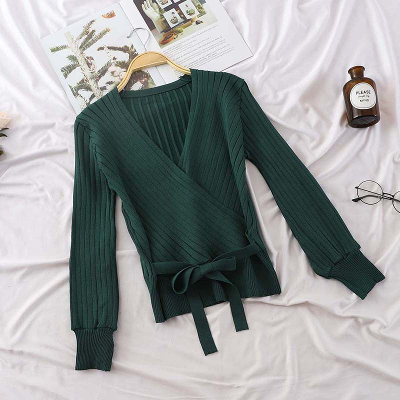 Women V-Neck Waist Belt Bow Knit Pullover Sweater Top