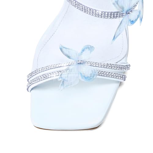 Butterfly Rhinestone Strappy Heels - Crystal High Block Heeled Square Open Toe